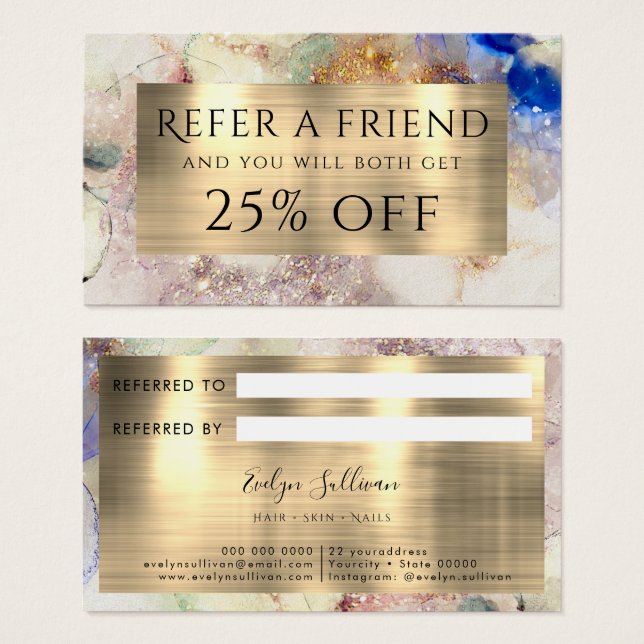 faux glitter watercolor and Gold Foil Referral  (Front & Back)