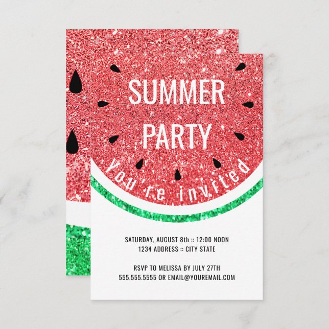 faux glitter watermelon summer party invitation (Front/Back)