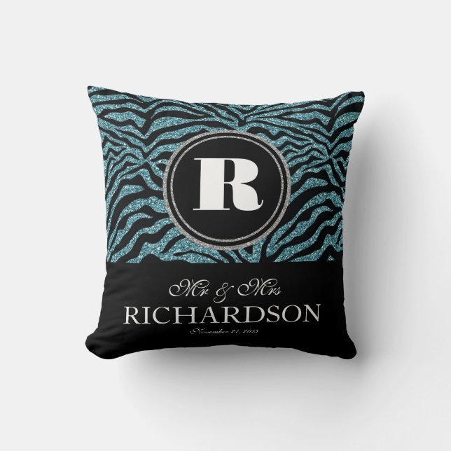 Faux Glitter Zebra Monogrammed Mr and Mrs Throw Pillow (Front)