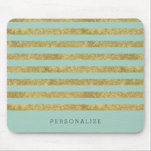 Faux Glittery Gold Mint Stripes Mouse Pad
