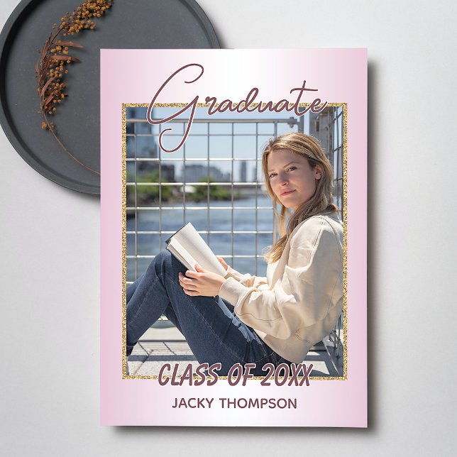 Faux Glossy Pink Gold Glitter Graduation Announcement (Creator Uploaded)