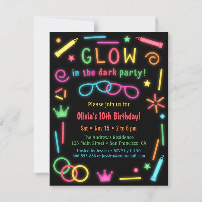 Faux Glow dans l'obscurité Invitations fête d'anni (Devant)