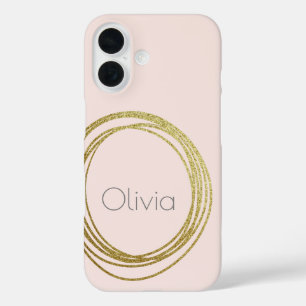 Faux Gold Abstract Circle Design with Name iPhone 16 Case