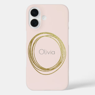 Faux Gold Abstract Circle Design with Name iPhone 16 Case