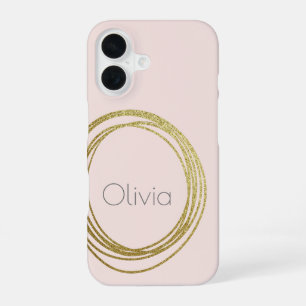 Faux Gold Abstract Circle Design with Name iPhone 16 Case