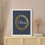 Faux Gold Abstract Circle Design with Name Poster<br><div class="desc">An abstract scribble circle design in faux gold on an indigo blue background personalized with your name in pretty brush lettering. Just click customize to change the background colour. Contact me with any questions or requests.</div>