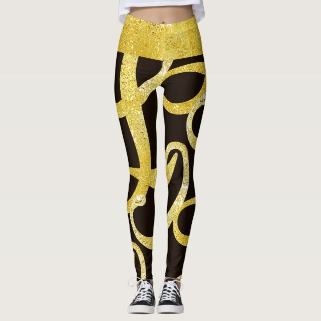 Faux gold abstract letter L glam shinny pattern Leggings (Front)