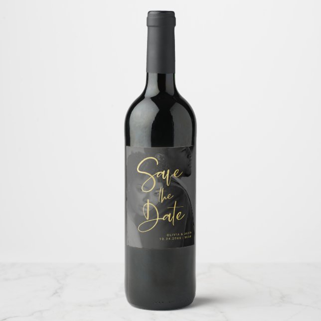 Faux Gold and Black Overlay | Photo Save The Date Wine Label (Front)