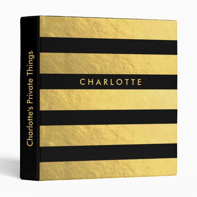 Faux Gold And Black Personalized Striped Binder (Front/Spine)