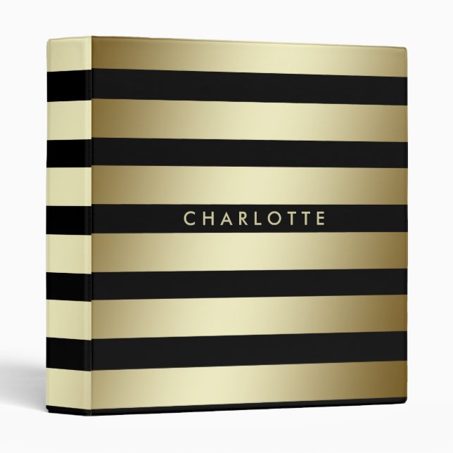 Faux Gold And Black Personalized Striped Binder (Front/Spine)