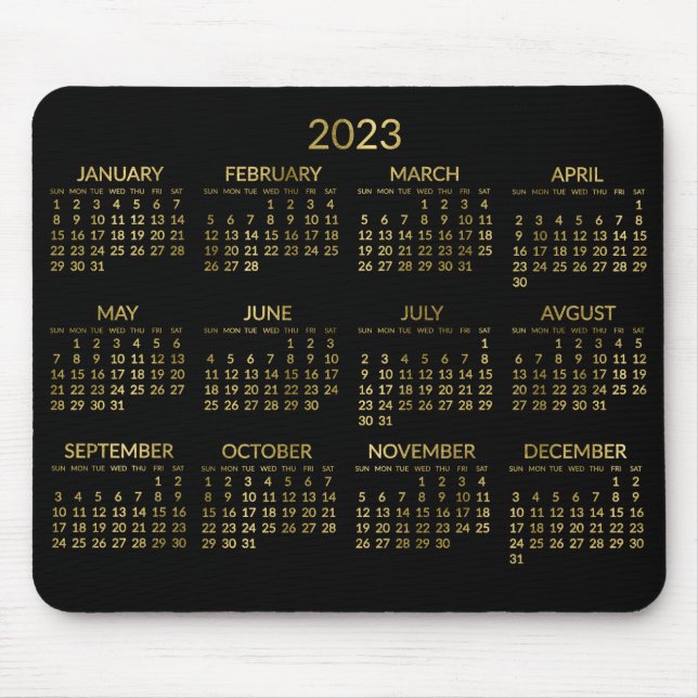 Faux Gold And Black Yearly Calendar 2023 Mouse Pad (Front)