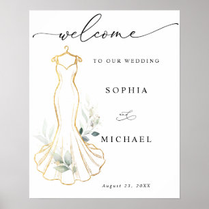 Faux Gold and Greenery Wedding Dress Welcome Poster