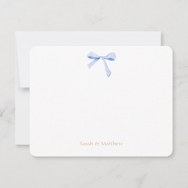 Faux Gold and White | Blue Ribbon Knot Wedding Card (Front)