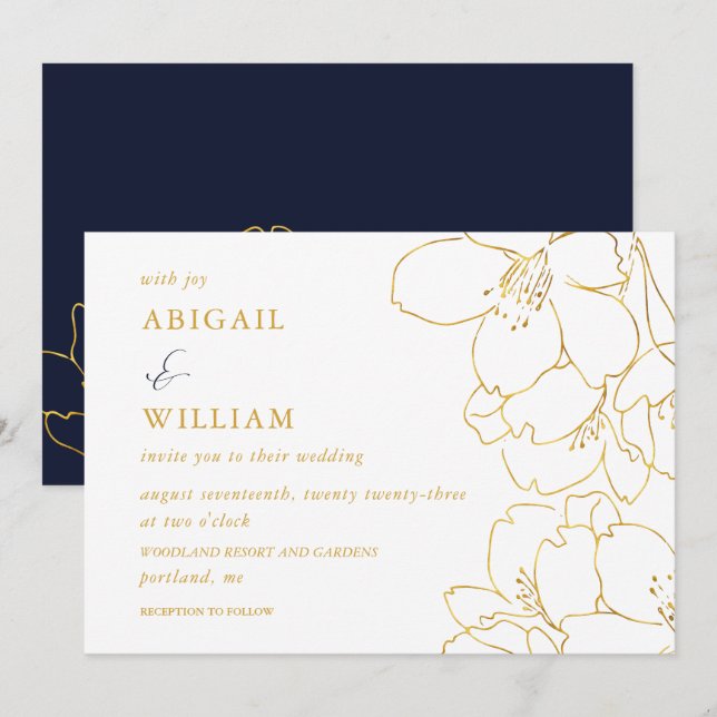 Faux Gold and White Floral Navy Wedding Invitation (Front/Back)