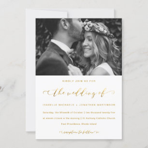 Faux Gold and White Wedding Calligraphy and Photo Invitation