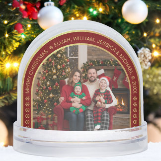 Faux Gold Arch Christmas Family Photo Burgundy Snowglobe