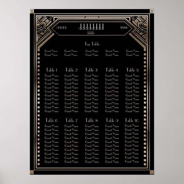 Faux Gold Art Deco Gatsby Wedding Seating Chart (Front)