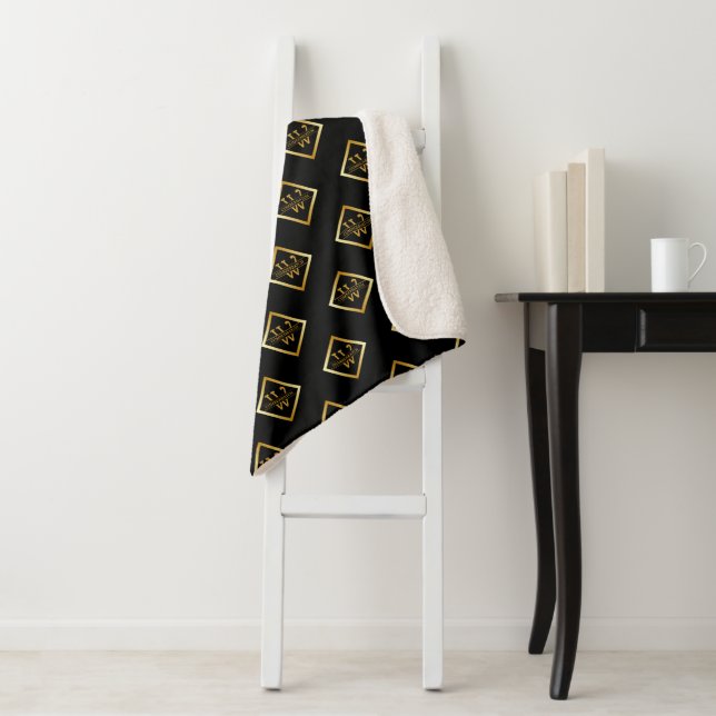 Faux Gold Axis Monogram – Black & Gold Sherpa Blanket (In Situ)