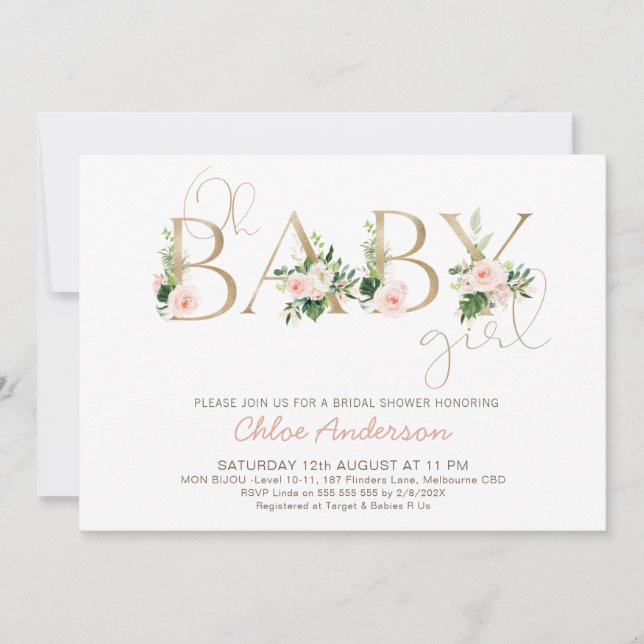 Faux Gold Baby Floral Oh Girl Baby Shower Invitation (Front)