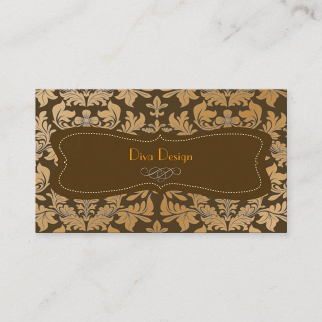 Faux gold baroque damask chocolate business card (Front)