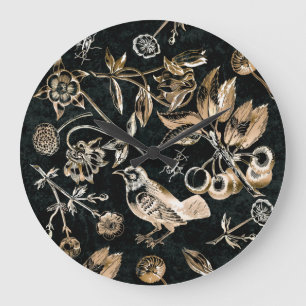 Faux Gold Bird Beetles Flowers Cherry Fruits  Large Clock