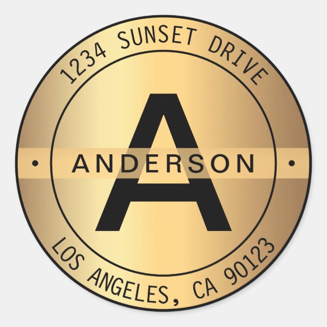 FAUX Gold & Black Bold Monogram & Circular Address Classic Round Sticker (Front)