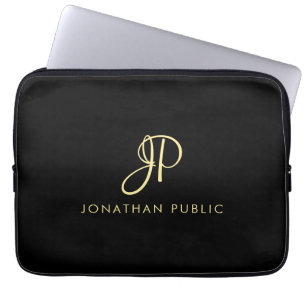 Faux Gold & Black Calligraphed Monogram Template Laptop Sleeve