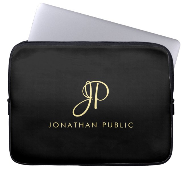 Faux Gold & Black Calligraphed Monogram Template Laptop Sleeve (Front)