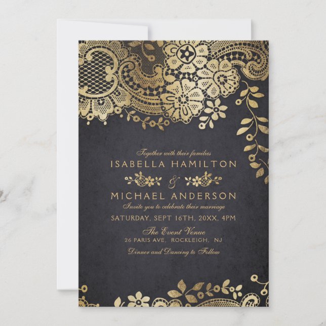 Faux gold black elegant vintage lace wedding invitation (Front)