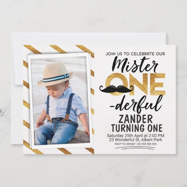 Faux Gold Black M. Onederful Invitation d'annivers (Devant)