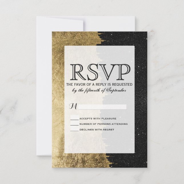 Faux Gold & Black Starry Night Brushstrokes RSVP (Front)
