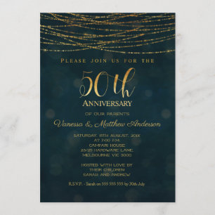 Faux Gold Blue 50e anniversaire Mariage Invitation