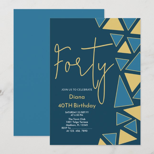 Faux Gold & Blue Birthday Invitation (Front/Back)