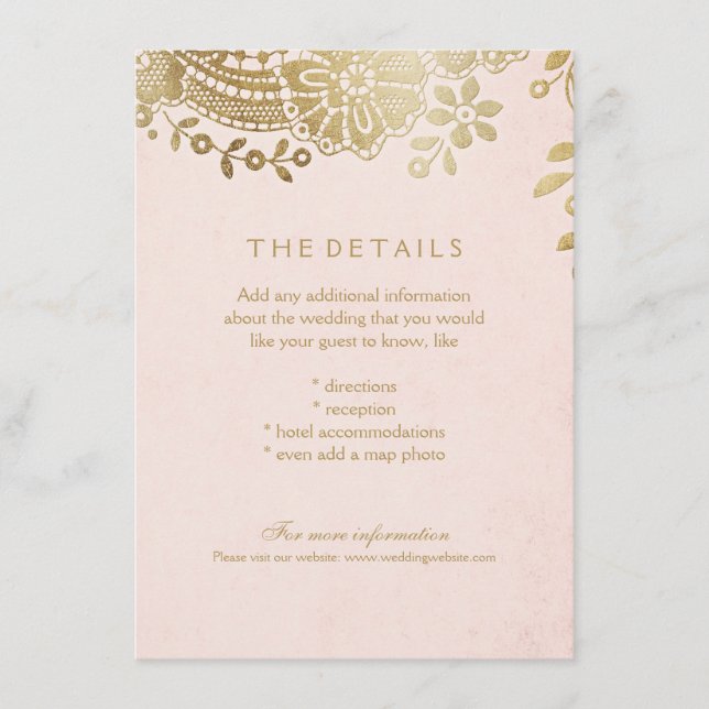Faux gold blush elegant lace wedding details card (Front)