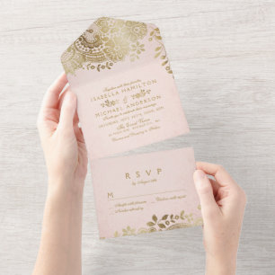 Faux gold blush elegant vintage lace wedding all i in one invitation