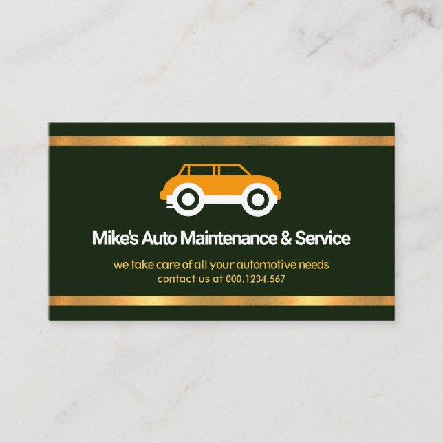 Faux Gold Borders Emerald Green Automobile Garage Business Card (Front)