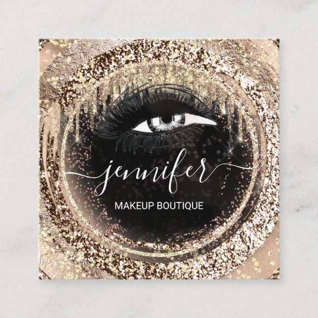 Faux Gold Boutique Makeup Lashes QRCode Lash Black Square Business Card (Front)