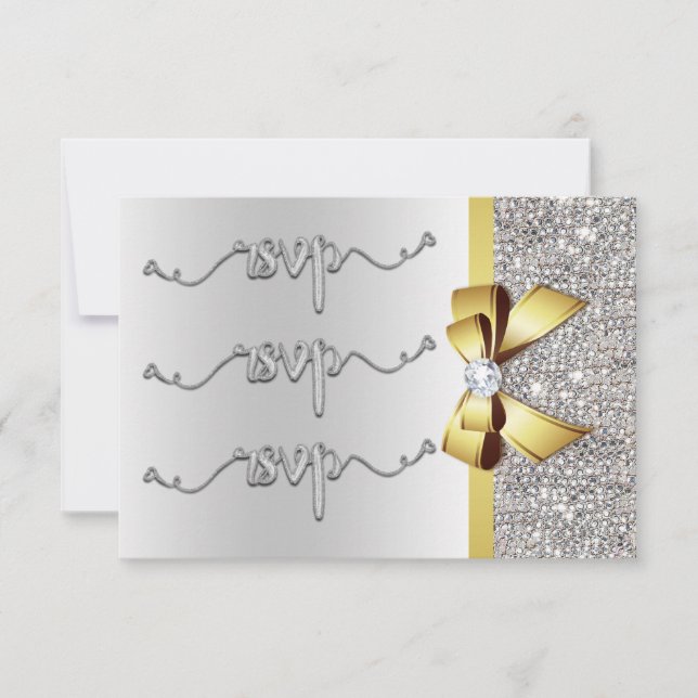 Faux Gold Bow Silver Sequins RSVP Wedding Card (Front)