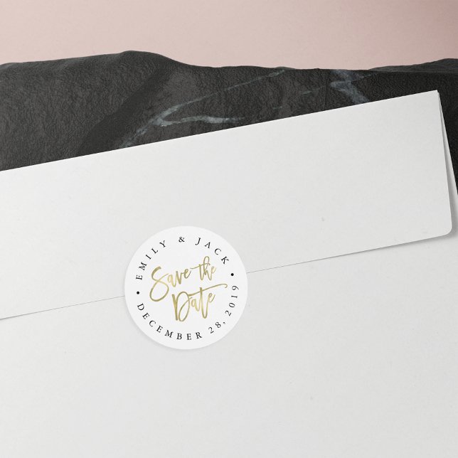 Faux Gold Brush Lettered Save the Date Classic Round Sticker (Creator Uploaded)