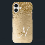Faux Gold Brushed Metal Glitter Monogram Name iPhone 16 Plus Case<br><div class="desc">Easily personalize this trendy chic phone case design featuring pretty gold sparkling glitter on a gold brushed metallic background.</div>