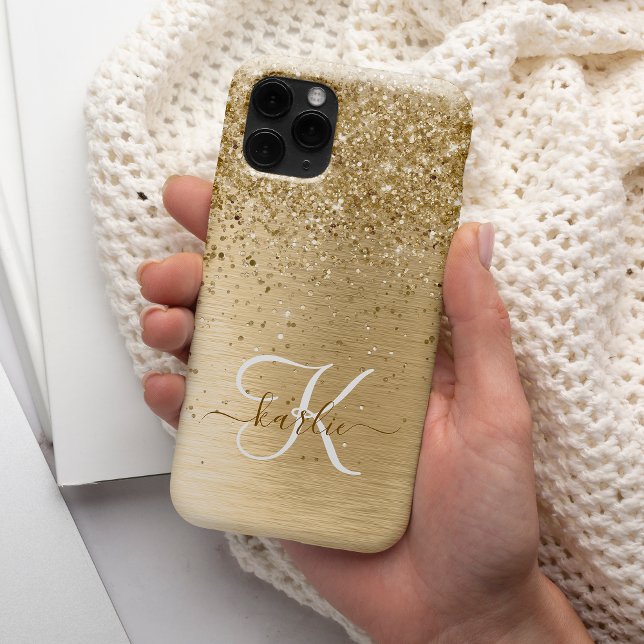 Faux Gold Brushed Metal Glitter Monogram Name iPhone Case (Creator Uploaded)