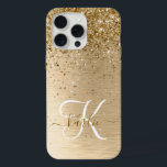 Faux Gold Brushed Metal Glitter Monogram Name iPhone 15 Pro Max Case<br><div class="desc">Easily personalize this trendy chic iPhone case design featuring pretty gold sparkling glitter on a gold brushed metallic background.</div>