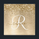 Faux Gold Brushed Metal Glitter Monogram Name Magnet<br><div class="desc">Easily personalize this trendy chic magnet design featuring pretty gold sparkling glitter on a gold brushed metallic background.</div>