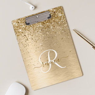 Faux Gold Brushed Metal Glitter Print Monogram Clipboard