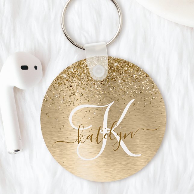 Faux Gold Brushed Metal Glitter Print Monogram Keychain (Add some flair to your keys with this custom gold brushed metal glitter keychain)