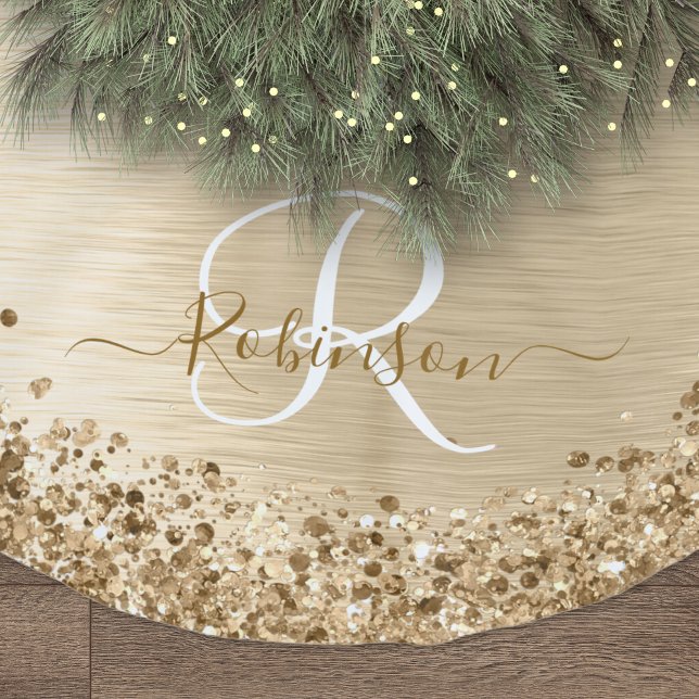 Faux Gold Brushed Metal Glitter Print Monogram Nam Brushed Polyester Tree Skirt (Creator Uploaded)