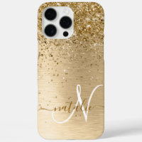 Faux Gold Brushed Metal Glitter Print Monogram Nam