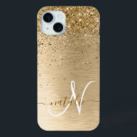 Faux Gold Brushed Metal Glitter Print Monogram Nam iPhone 15 Mini Case<br><div class="desc">Easily personalize this trendy chic phone case design featuring pretty gold sparkling glitter on a gold brushed metallic background.</div>