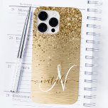 Faux Gold Brushed Metal Glitter Print Monogram Nam Case-Mate iPhone 14 Pro Max Case<br><div class="desc">Easily personalize this trendy chic phone case design featuring pretty gold sparkling glitter on a gold brushed metallic background.</div>