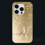 Faux Gold Brushed Metal Glitter Print Monogram Nam iPhone 15 Pro Case<br><div class="desc">Easily personalize this trendy chic phone case design featuring pretty gold sparkling glitter on a gold brushed metallic background.</div>